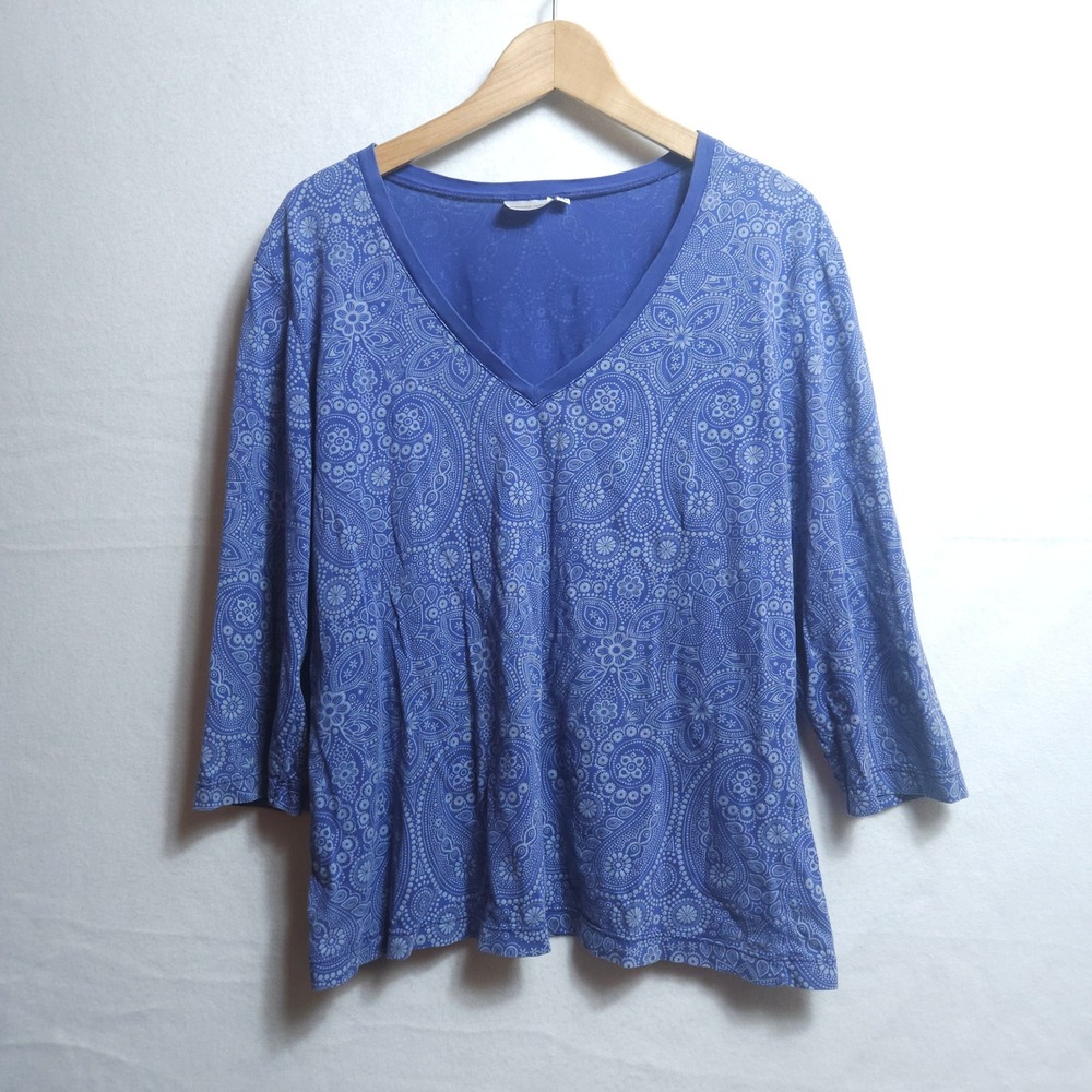 Prairie Cotton Blue Paisley V-Neck 3/4 Sleeve Top XL Made in USA Boho Medallion